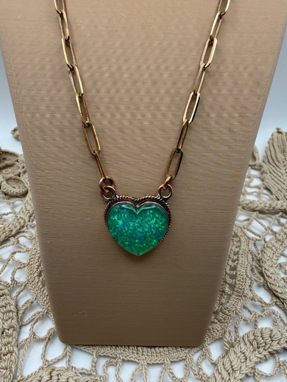 Artisan crafted Heart Pendant Aurora Opal Necklace Copper Chunky Chain Adj gift